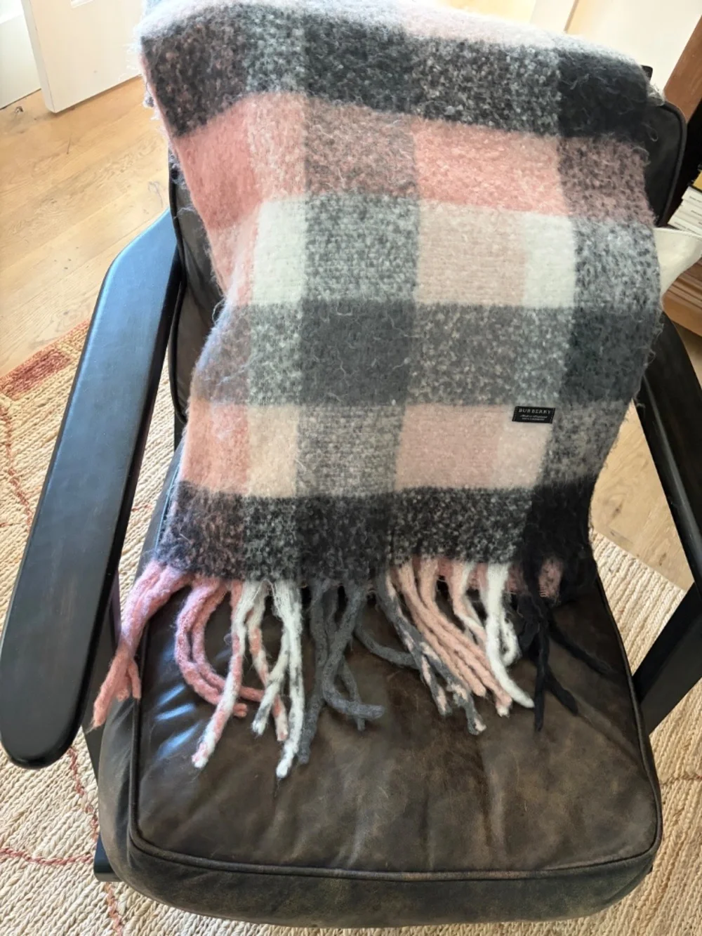 BURBERRY PINK WHITE GRAY CHECK PLAID OVERSIZED CASHMERE SCARF